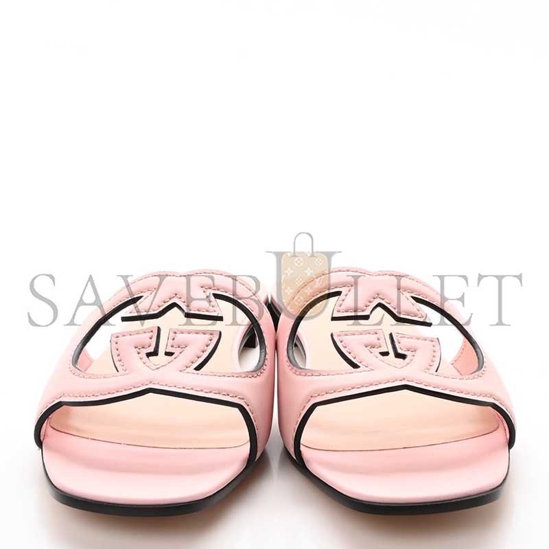 GUCCI COSMOS SOFTY CALFSKIN INTERLOCKING G CUT OUT SLIDE SANDALS CANDY COTTON 